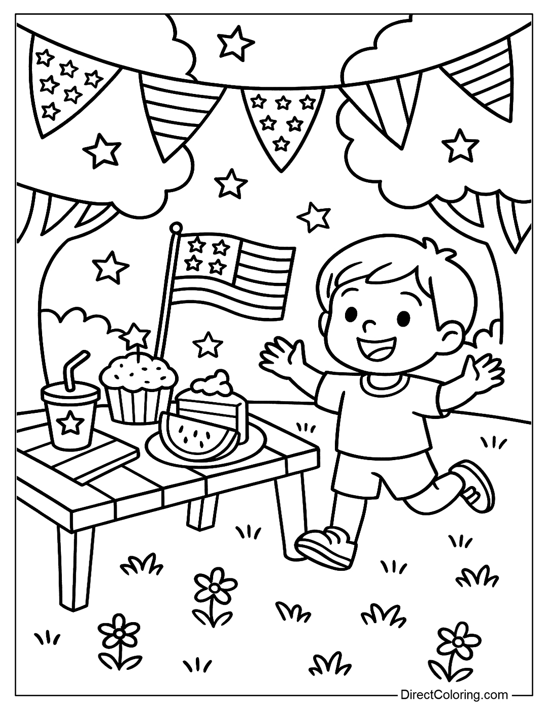 Coloring page for a backyard party with hanging flags, a table, cake and kids playing.